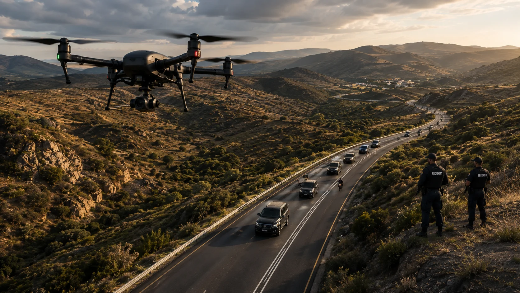 Secure mining dispatch checkpoint controlling high-value mineral trucks while a drone monitors the area