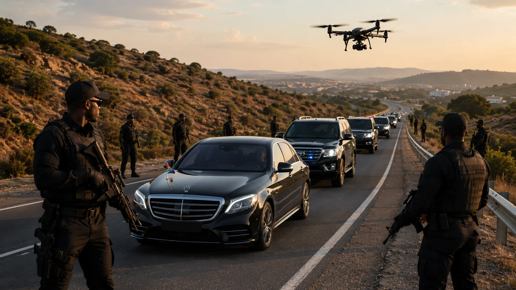 Generic state-style motorcade on a protected highway with professional security officers and aerial drone support